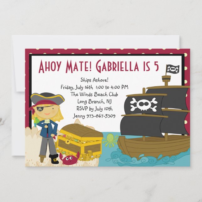 Invitación de cumpleaños al pastor Chica Treasure  (Anverso)