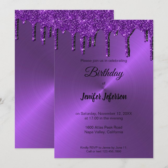 Invitación de cumpleaños al purpurina morado metál (Anverso / Reverso)