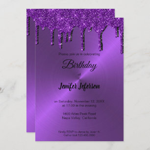 Invitación de cumpleaños al purpurina morado metál