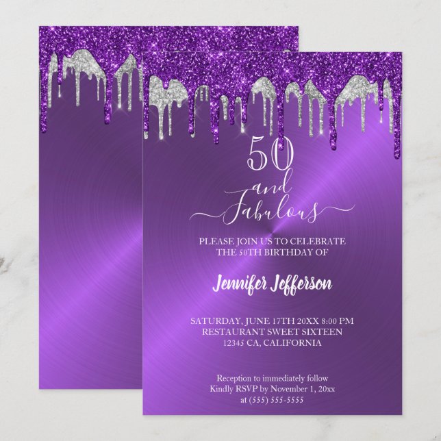 Invitación de cumpleaños al purpurina morado metál (Anverso / Reverso)