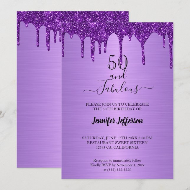 Invitación de cumpleaños al purpurina morado metál (Anverso / Reverso)