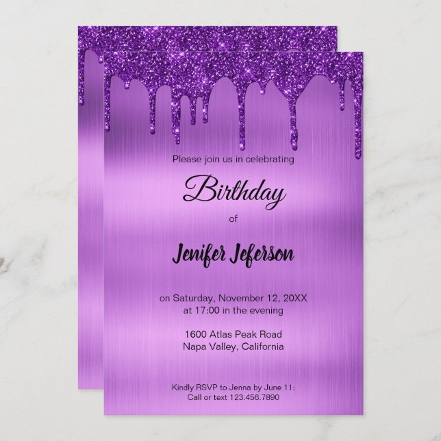 Invitación de cumpleaños al purpurina morado metál (Anverso / Reverso)