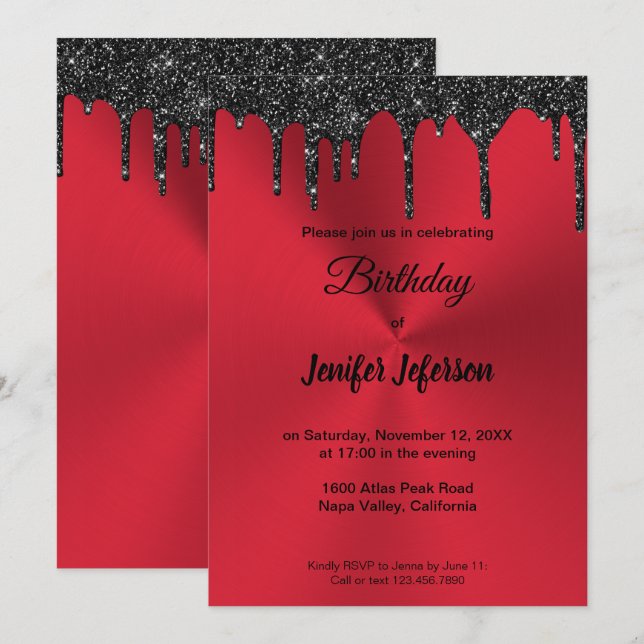 Invitación de cumpleaños al purpurina rojo metálic (Anverso / Reverso)
