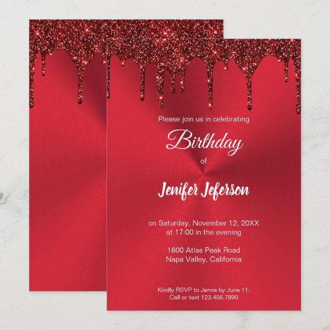 Invitación de cumpleaños al purpurina rojo metálic (Anverso / Reverso)