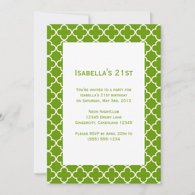Invitación de cumpleaños al Quatrefoil Verde (Anverso)