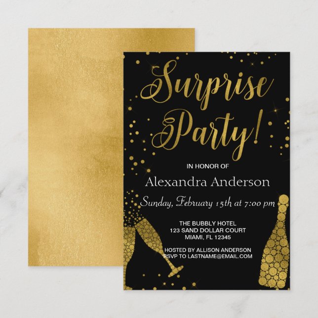 Invitación de cumpleaños al Relieve metalizado dor (Anverso / Reverso)