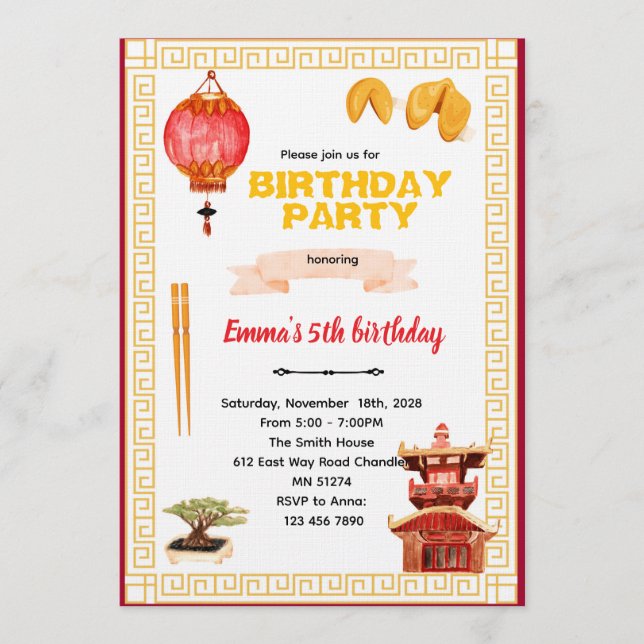 Invitación de cumpleaños al restaurante chino (Anverso)