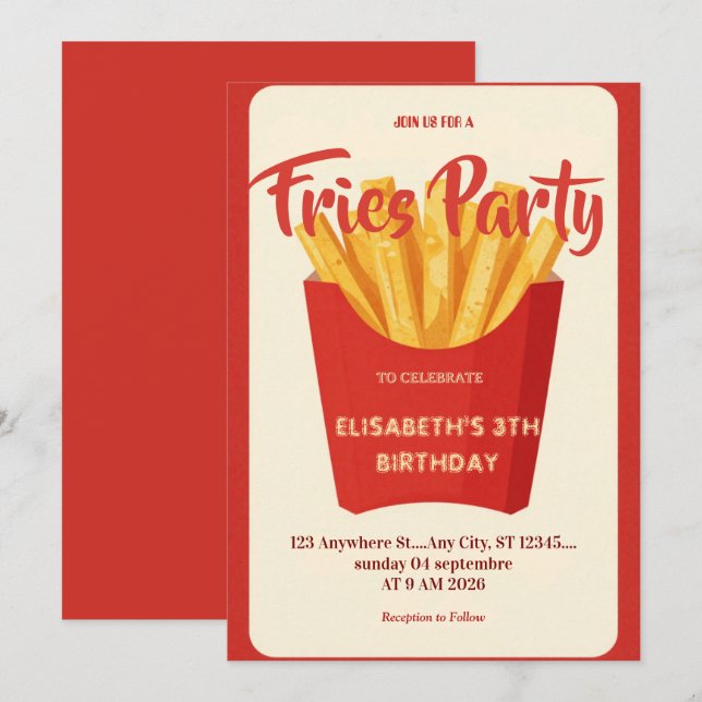 Invitación de cumpleaños al restaurante de patatas (Anverso / Reverso)