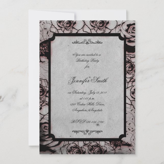 Invitación de cumpleaños al Rosa gótico negro y ro (Anverso)