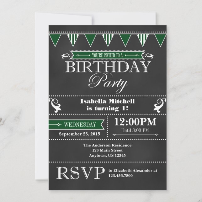 Invitación de cumpleaños al tablero negro verde os (Anverso)