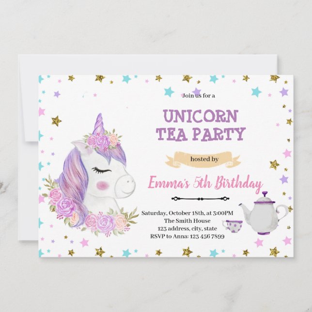 Invitación de cumpleaños al té morado unicornio (Anverso)