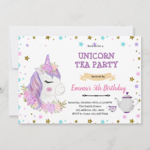Invitación de cumpleaños al té morado unicornio