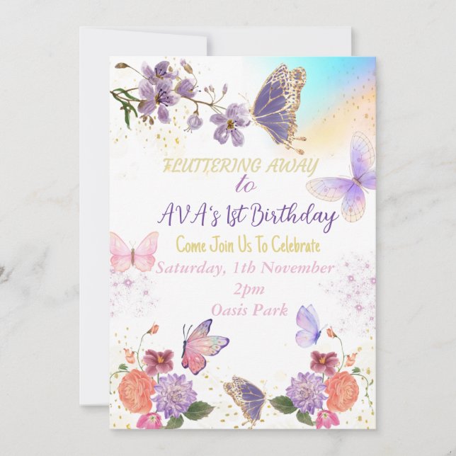 Invitación de cumpleaños al tema de la mariposa (Anverso)