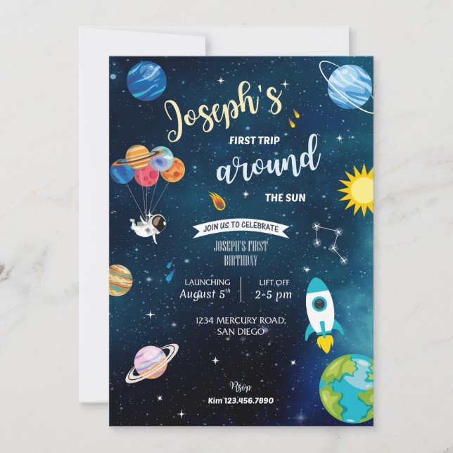 Invitación de cumpleaños al tema del espacio (Anverso)