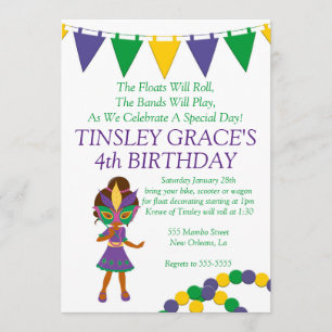 Invitación de cumpleaños al tema del Mardi Gras