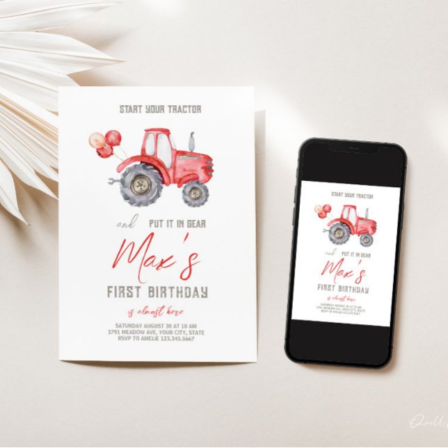 Invitación de cumpleaños al tema del Tractor rojo (Subido por el creador)