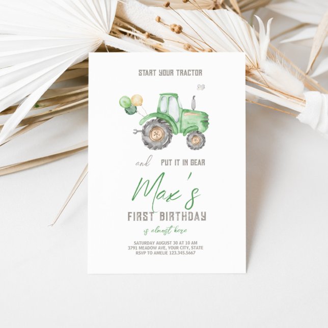 Invitación de cumpleaños al tema del Tractor Verde (Green Farm Tractor Birthday Invitation. )
