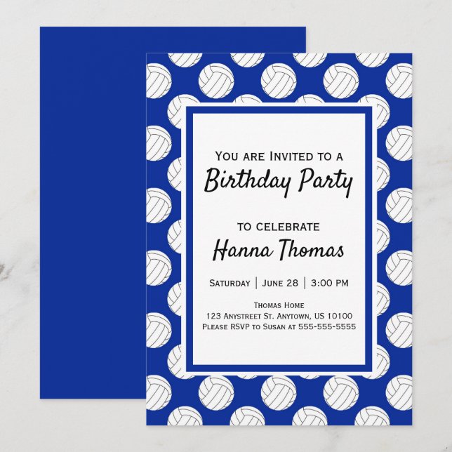 Invitación de cumpleaños al tema del voleibol azul (Anverso / Reverso)