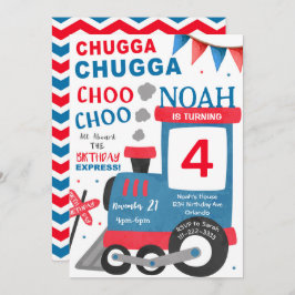 Invitación de cumpleaños al tren azul rojo acuarel