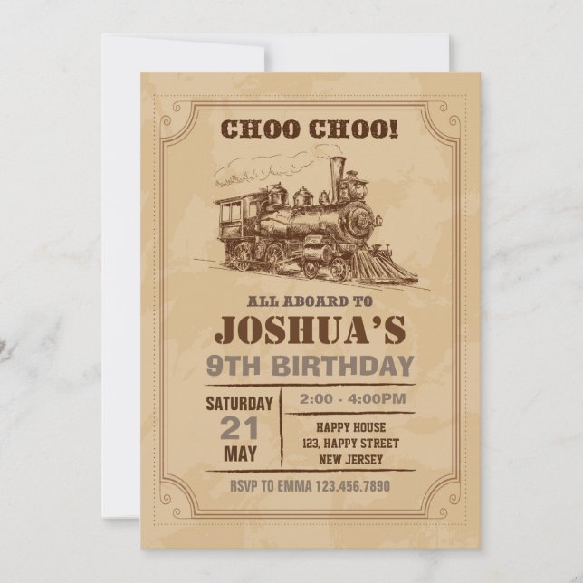 Invitación de cumpleaños al tren de Vintage (Anverso)