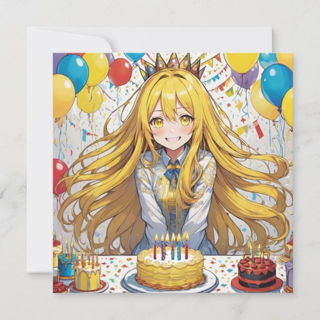 Invitación de cumpleaños amarillo de Anime Chica (Anverso)