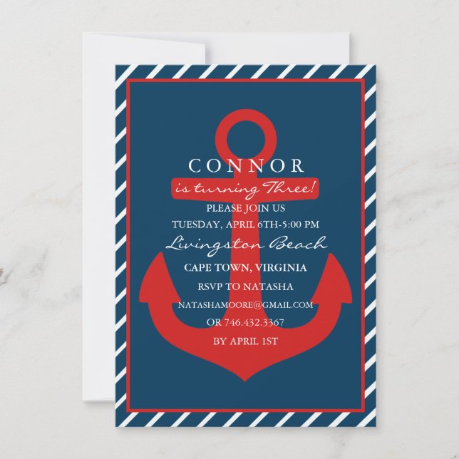 Invitación de cumpleaños Ancla Roja y Azul (Anverso)