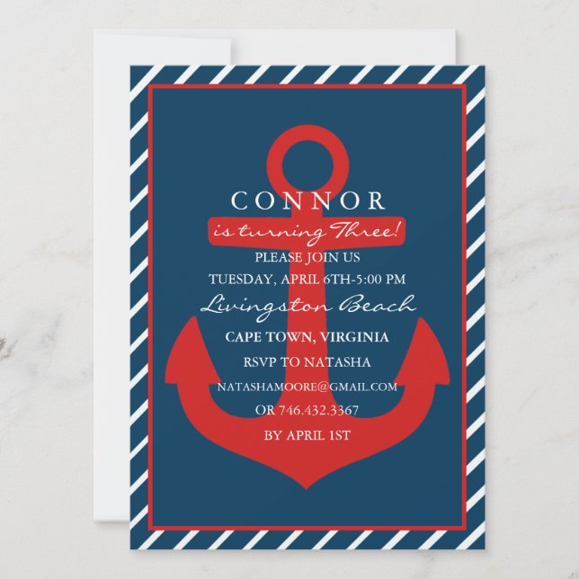 Invitación de cumpleaños Ancla Roja y Azul (Anverso)