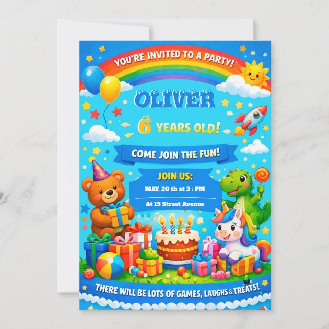 Invitación de cumpleaños animada para niños (Anverso)