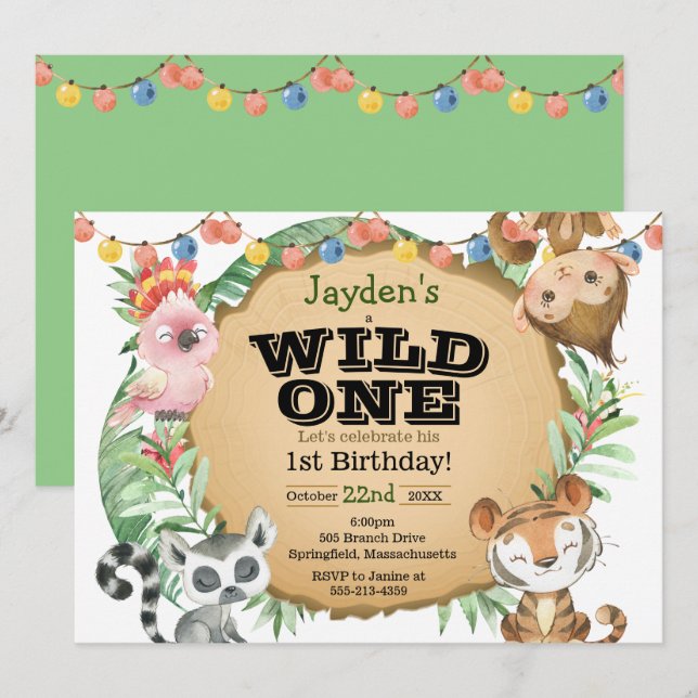 Invitación de cumpleaños animal salvaje de un anim (Anverso / Reverso)