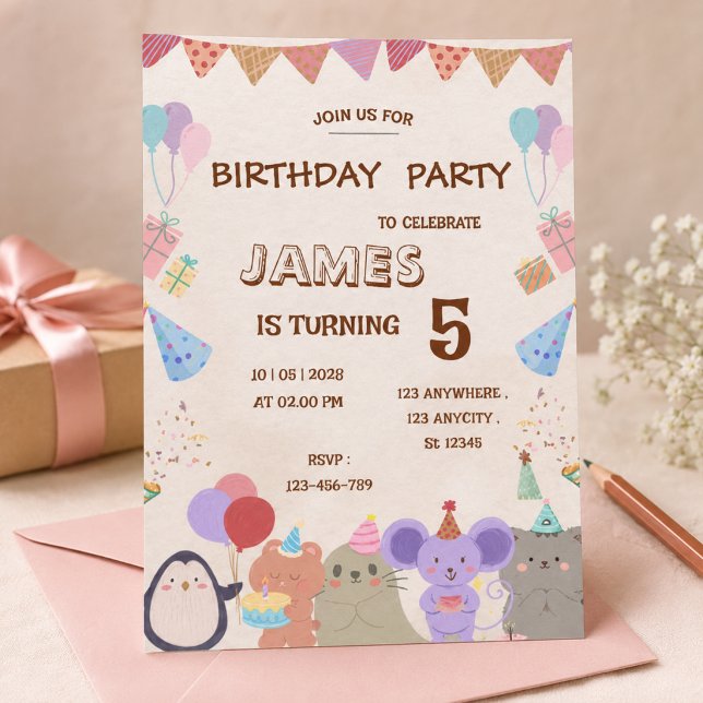 Invitación de cumpleaños Animales de bosque pastel (Subido por el creador)