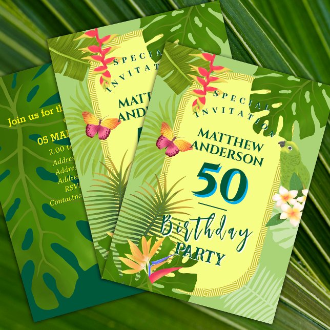 Invitación de cumpleaños anual verde paraíso tropi (Tropical Paradise Invitation card.)