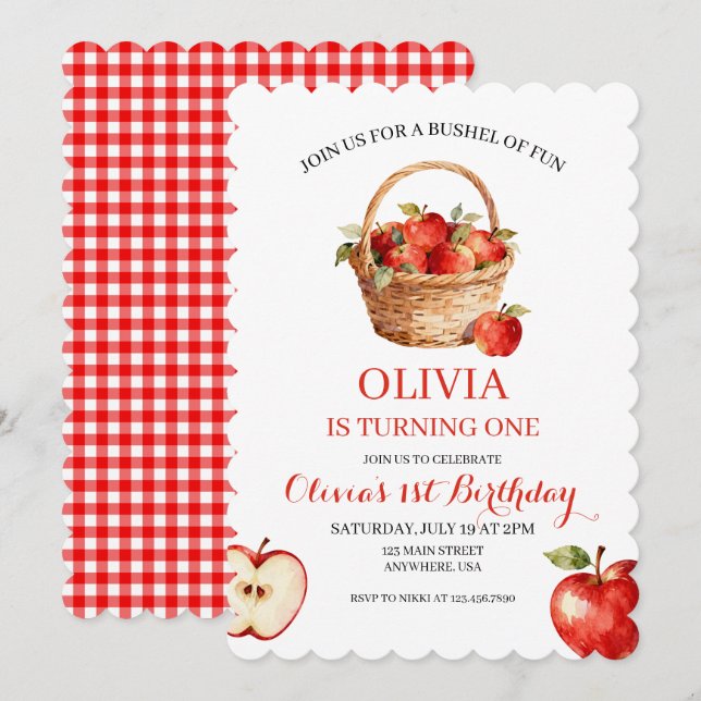 Invitación de cumpleaños Apple Bushel of Fun 1er c (Anverso / Reverso)