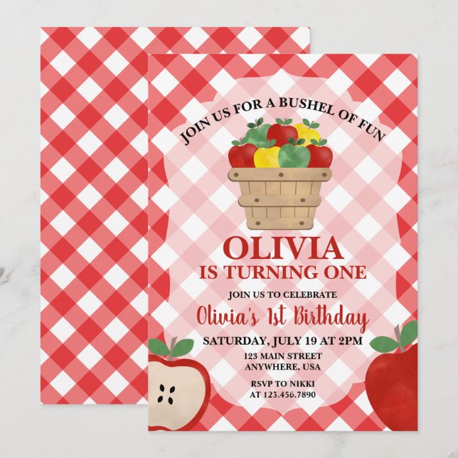 Invitación de cumpleaños Apple Bushel of Fun 1st (Anverso / Reverso)