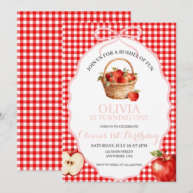 Invitación de cumpleaños Apple Bushel of Fun 1st (Anverso / Reverso)