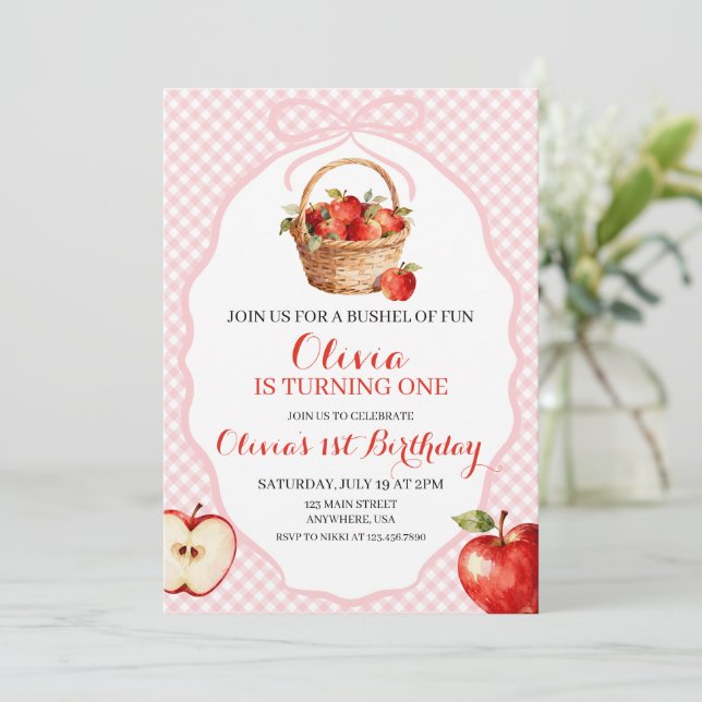 Invitación de cumpleaños Apple Bushel of Fun 1st (Anverso de pie)