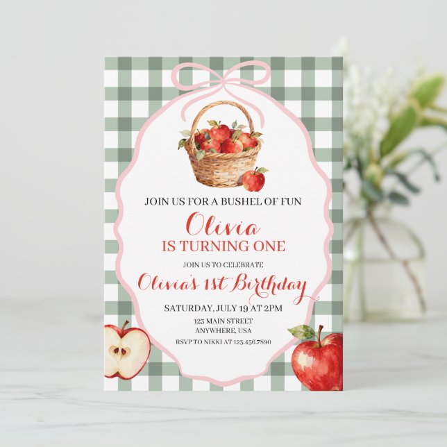 Invitación de cumpleaños Apple Bushel of Fun 1st (Anverso de pie)