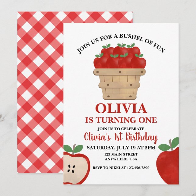 Invitación de cumpleaños Apple Bushel of Fun 1st (Anverso / Reverso)