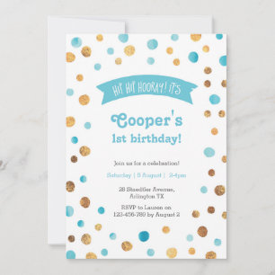 Invitación de cumpleaños   Aqua Blue y gold confet