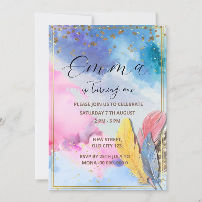 Invitación de cumpleaños arcoíris (Anverso)