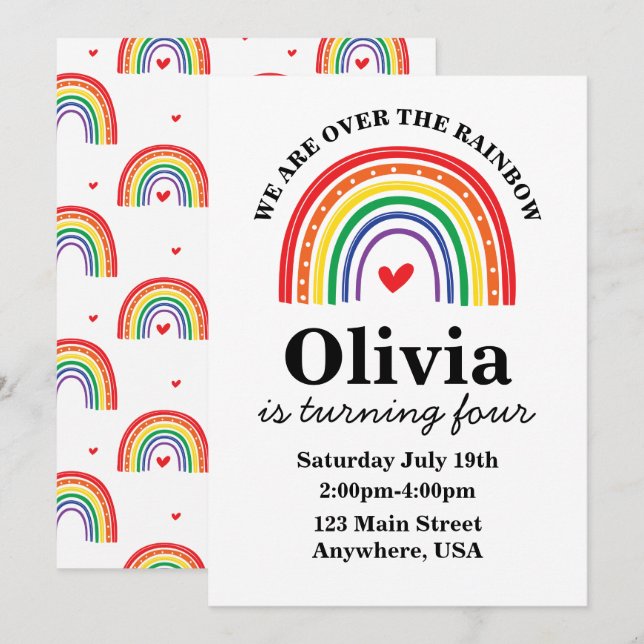invitación de cumpleaños arcoíris (Anverso / Reverso)