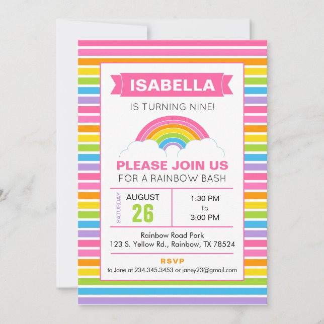 Invitación de cumpleaños arcoíris (Anverso)
