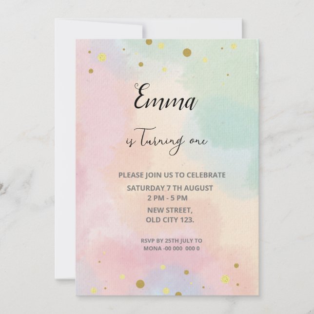 Invitación de cumpleaños arcoíris (Anverso)
