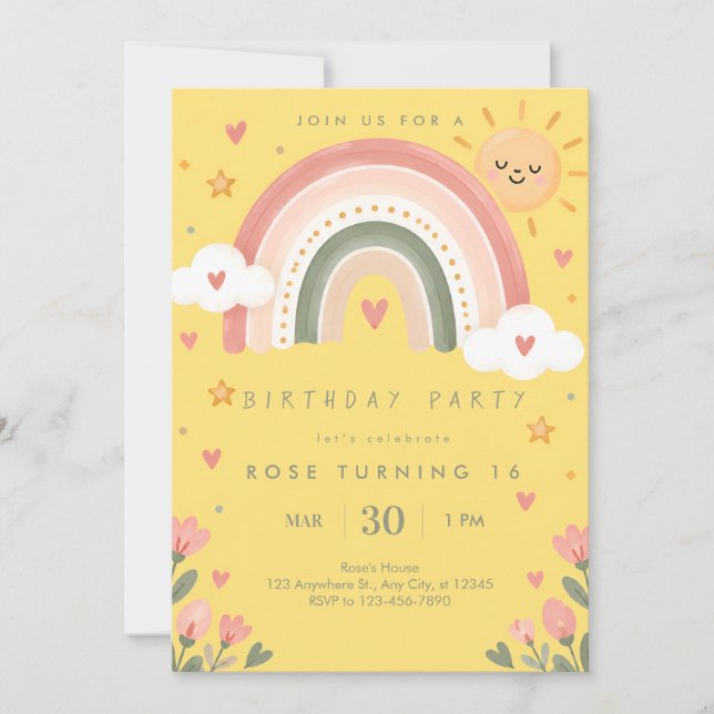 Invitación de cumpleaños Arcoíris Amarillo (Anverso)