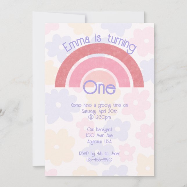 Invitación de cumpleaños arcoíris boho floreada (Anverso)