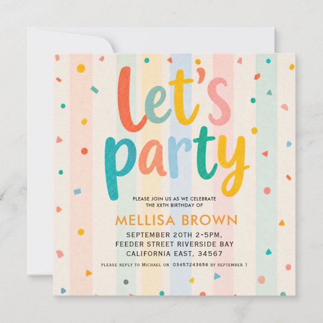 invitación de cumpleaños arcoíris colorido para fi (Anverso)