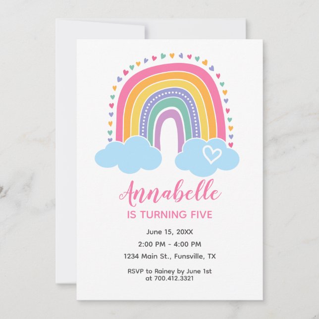 Invitación de cumpleaños arcoiris con corazones (Anverso)