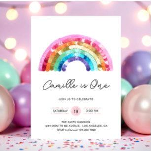 Invitación de cumpleaños arcoíris con lentejuelas