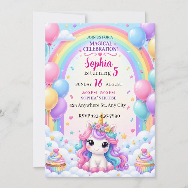 Invitación de cumpleaños arcoíris de unicornio (Anverso)