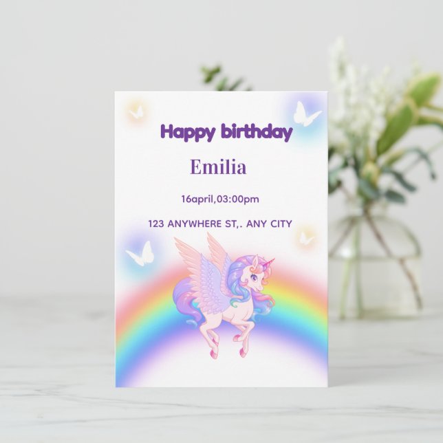 Invitación de cumpleaños Arcoíris de Unicornio  (Anverso de pie)
