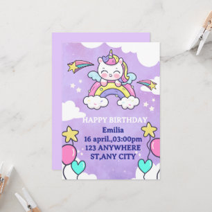 Invitación de cumpleaños arcoíris de unicornio Inv